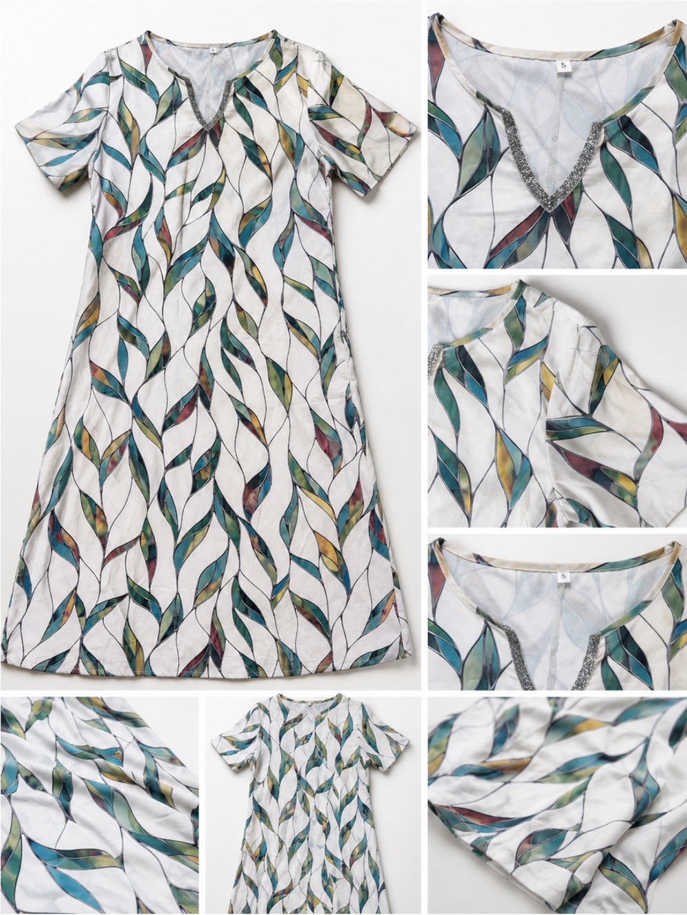 Women’s White Leaf-Print Short Sleeve Dress with Teal & Mustard Accents